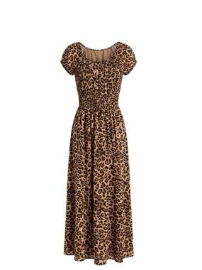 Boho Leopard Print Off Shoulder Maxi Dress Smocked Waist One Size
